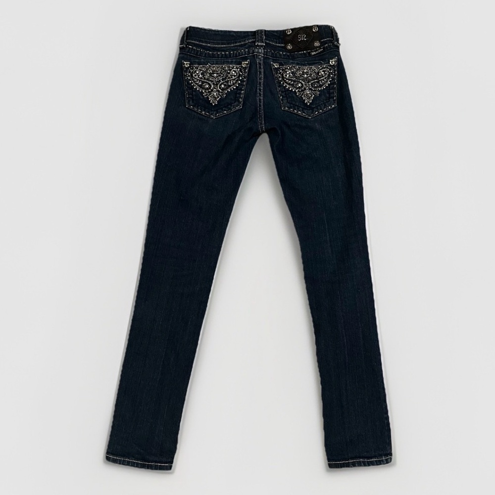 Miss Me Mid Rise Skinny Denim Jeans Size 27 Dark Wash 30” Inseam Embellished Y2K